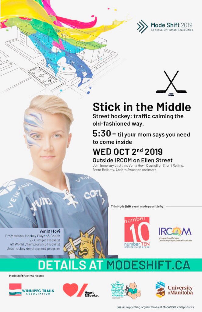 SwansonAnders's tweet photo. Canadian Traffic Calming. The perfect time to wear my pride and joy! ..the jersey I won in the CBC playoff pool a few years ago (signed by @KellyHrudey &amp; @PJStock28): “Stick-In-The-Middle” pickup street hockey game later today @ircominc street party w @CBCIsmaila. 
#Modeshift2019 https://t.co/AUvJYvr9Yi