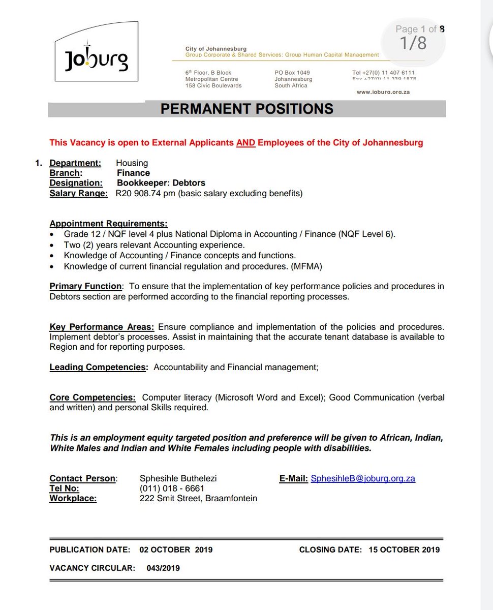CityofJoburgZA's tweet photo. ⚠️VACANCY ALERT⚠️We have vacancies open for the following positions:
✔Bookkeper:Debtors
✔Deputy Director:Stock Management x 4
✔Personal Assistant
✔Head:Energy
For more info 👉 https://t.co/sdW7MfPBZ0
#JoburgVacancies #JobSeekersSA #JobSeekersWednesdays #JobsSA #CountryDuty^PS https://t.co/0xhnT46y48