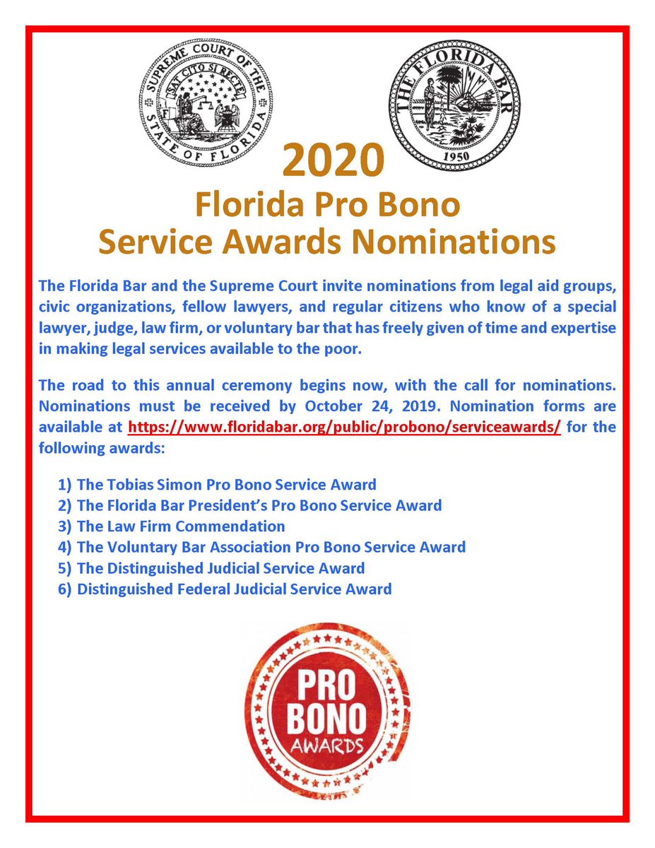 .<a href="/TheFlaBar/">The Florida Bar</a> is seeking nominations for the 2020 Pro Bono Service Awards. The deadline for submissions is October 24. <a href="/lsnftweets/">LSNF</a> <a href="/FSUCollegeofLaw/">FSU College of Law</a> <a href="/tallahasseebar/">The Tallahassee Bar</a> <a href="/TallahasseeLAF/">Legal Aid Foundation</a>
