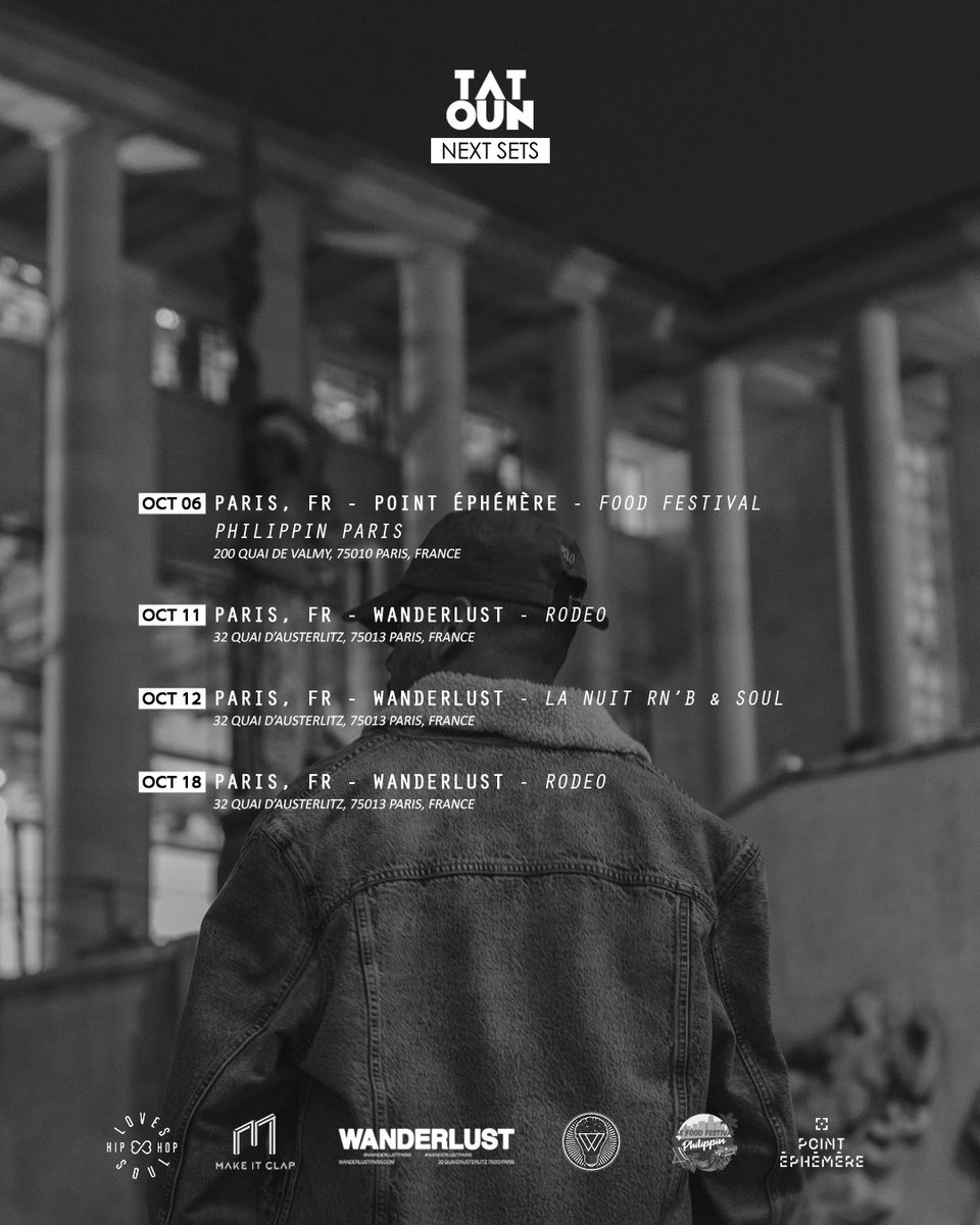 next gigs | october ♎️⁣
⁣
𝟬𝟲.𝟭𝟬 - Food Festival Philippin Paris @ <a href="/PointEphemere/">Point Éphémère</a> 
⁣
𝟭𝟭.𝟭𝟬 - Rodeo @ <a href="/WanderlustParis/">Wanderlust Paris</a> ⁣
⁣
𝟭𝟮.𝟭𝟬 - La Nuit Rn’B &amp; Soul @ <a href="/WanderlustParis/">Wanderlust Paris</a> ⁣
⁣
𝟭𝟴.𝟭𝟬 - Rodeo @ <a href="/WanderlustParis/">Wanderlust Paris</a>