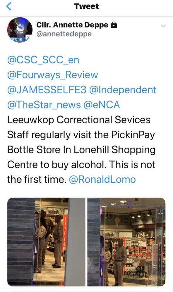 Abramjee's tweet photo. Via @annettedeppe  - Prison warders from Leeukop are seen at a bottle store in uniform buying alcohol. @DOJCD_ZA @RonaldLamola https://t.co/W3PgmSUosD
