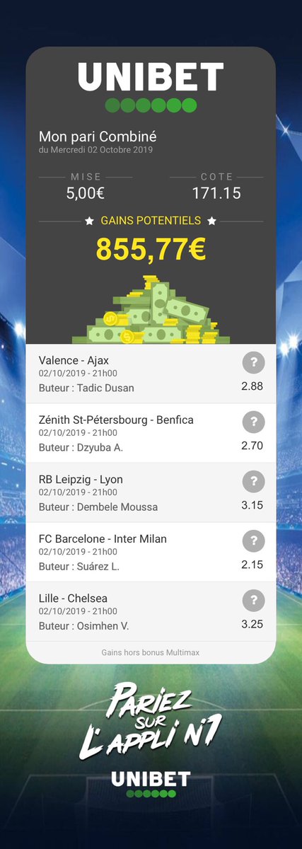 💪Notre Combi Buteur #LDC pour ce soir ! Même principe qu’hier 👇
✅ Si il passe, on vous offre la totalité du gain.
❌ La moitié si il ne passe pas. 

➡️ RT + pseudo + #CombiUnibet