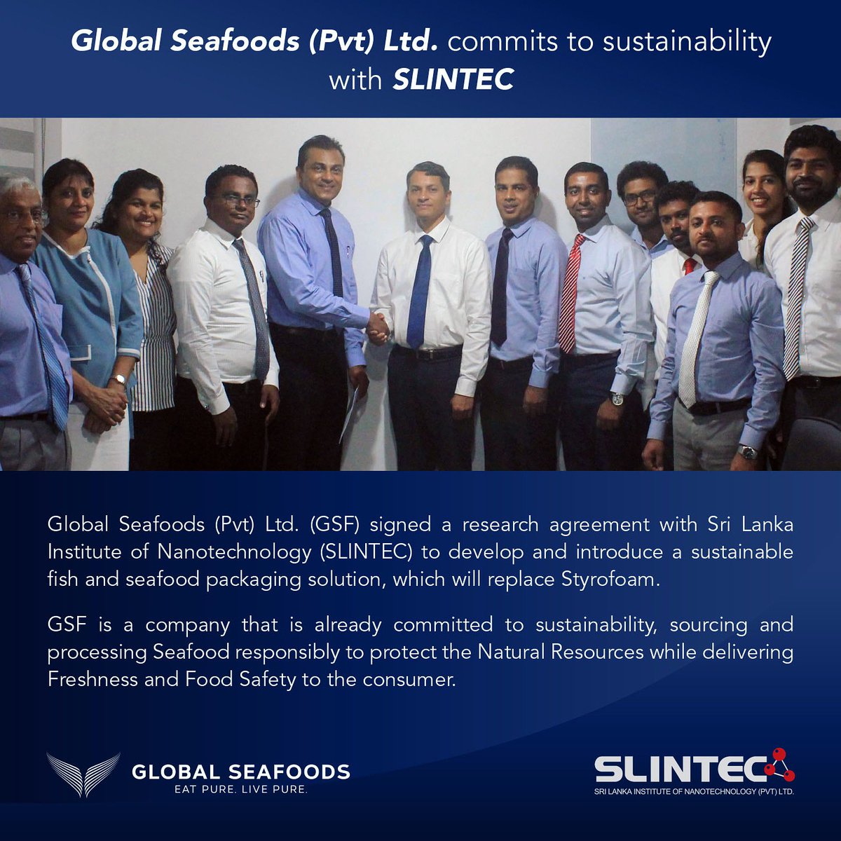 slintec_lk's tweet image. SLINTEC signs a research agreement with Global Seafoods (Pvt) Ltd. to develop and introduce a sustainable packaging solution. 
#SLINTEC #GlobalSeafood #sustainablepackaging