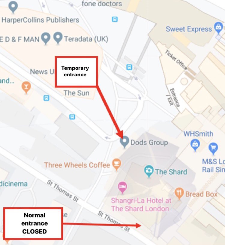 Due to the temporary closure of the restaurant entrance on St Thomas Street, all guests are advised to enter The Shard via the office’s entrance on London Bridge Street.