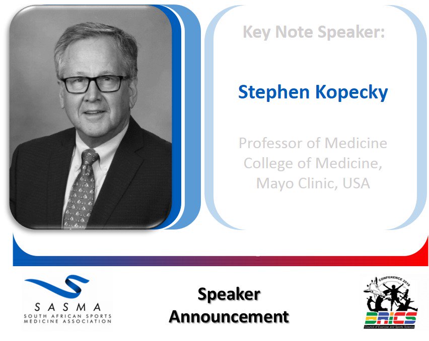 SASMA2019's tweet photo. Prof Stephen Kopecky from the @MayoClinic will be the #BRICSCESS opening keynote at the #SASMA & BRICSCESS 2019 Congress. He will be speaking on 'Physical activity and the benefits on the reduction of chronic disease' #sportandexercisemedicine #chronicdisease https://t.co/wax0AaEYJG