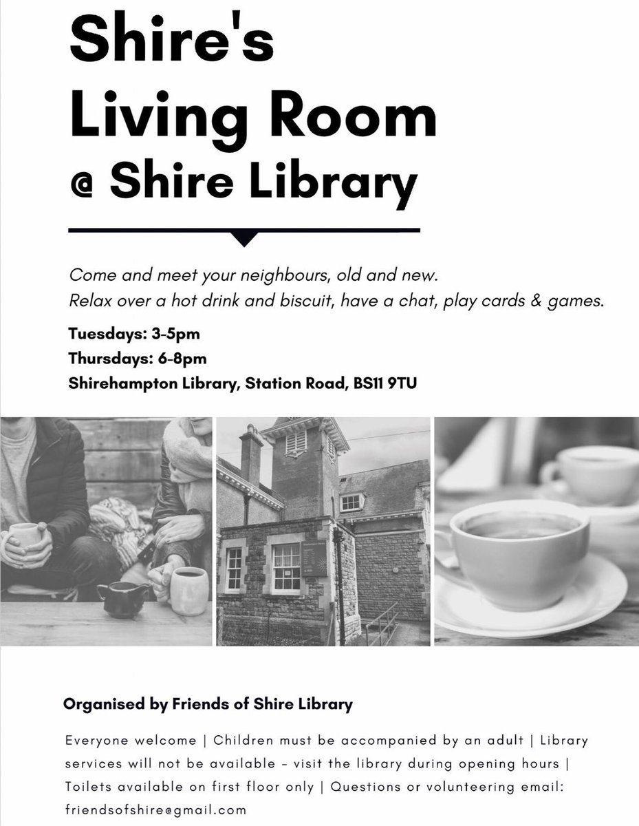 BristolLibForum's tweet photo. TOMORROW 👇

☕️ Thursday 3 October  6-8pm
☕️ #FriendsOfShireLibrary
☕️ #Community Living Room
☕️ #ShirehamptonLibrary #Bristol
☕️ Meet friends, old &amp; new, over a hot drink or game
☕️ Details FriendsOfShire@gmail.com

#Shirehampton #SeaMills #Avonmouth https://t.co/NsAGEHcHhI