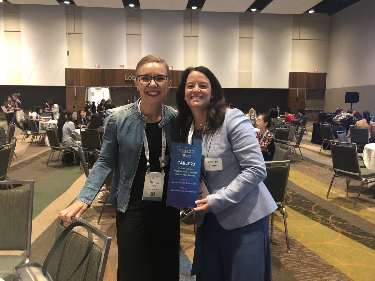 AnaPecoraro22's tweet photo. If you’re at #GHC19, stop by Table 23 at the Mentoring Circles to learn how to impress a recruiter with your #resume! @ClemLacinda and Jessica Kuhl from @roberthalf are sharing their insights and tips https://t.co/JkGzro3y0C