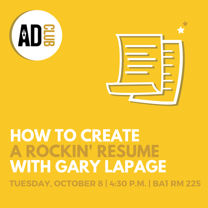 adclubucf's tweet photo. Need help spicing your resume for #IPUCF? Then join our Rockin' Resume workshop on Oct. 8️⃣ with Gary LaPage. 

RSVP: https://t.co/eRKbrJD162

Visit 📍 BA1 225 for a guide in crafting proper resumes. Have paper &amp; questions ready @ 4:30 p.m. We'll see you soon!
#AdClubUCF https://t.co/XPI9xYsXCr