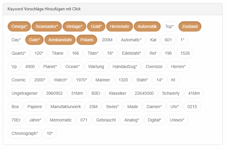 michagross's tweet photo. neues Feature beim Titel Tool -> ein * hinter dem Keyword Vorschlag zeigt an ob das Keyword in den ebay eigenen Artikelmerkmalen enthalten ist. https://t.co/jcYX0RpaKZ