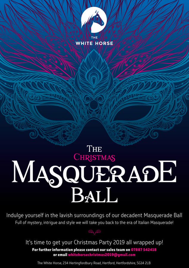 🍾 Lavish decadence is the theme of Christmas 2019 here at The White Horse.

Full of mystery, intrigue and style, we'll take you back to the era of Italian Masquerade with our Christmas Masquerade Balls.

Call our events team on 07887 542418.

#Christmas #Herts