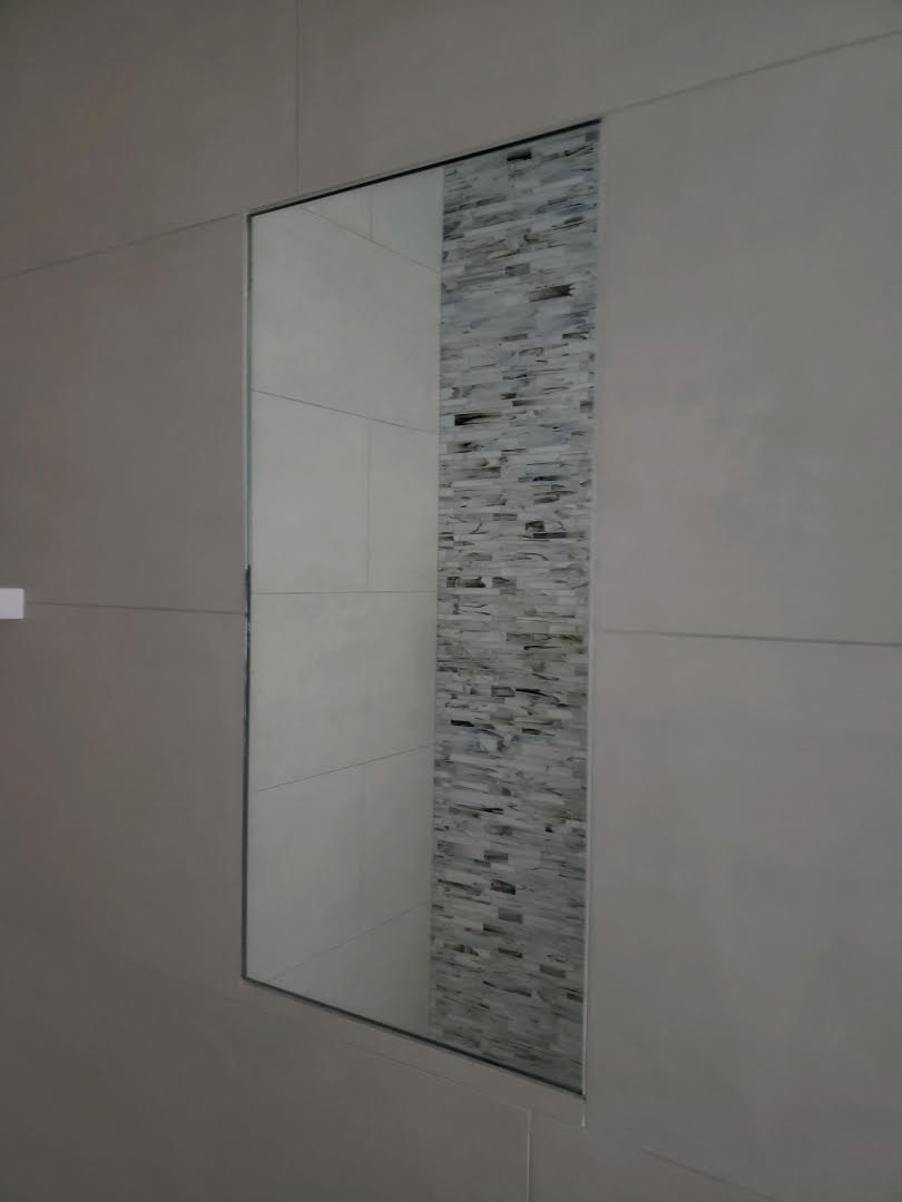 ClearMirrors are simply this easy. Installs flush in the tile surround and turns on and off with bath light or separate switch! Feat. 12"x24" Shower ClearMirror - $374.90 #Modern #Bathroom #Design