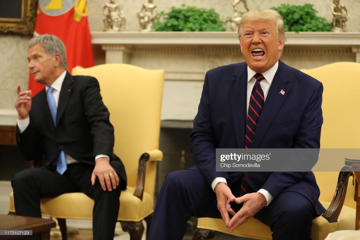 President Donald Trump speaks to the media during a meeting with Finnish President Sauli Niinisto in the Oval Office 📷: @somogettynews
