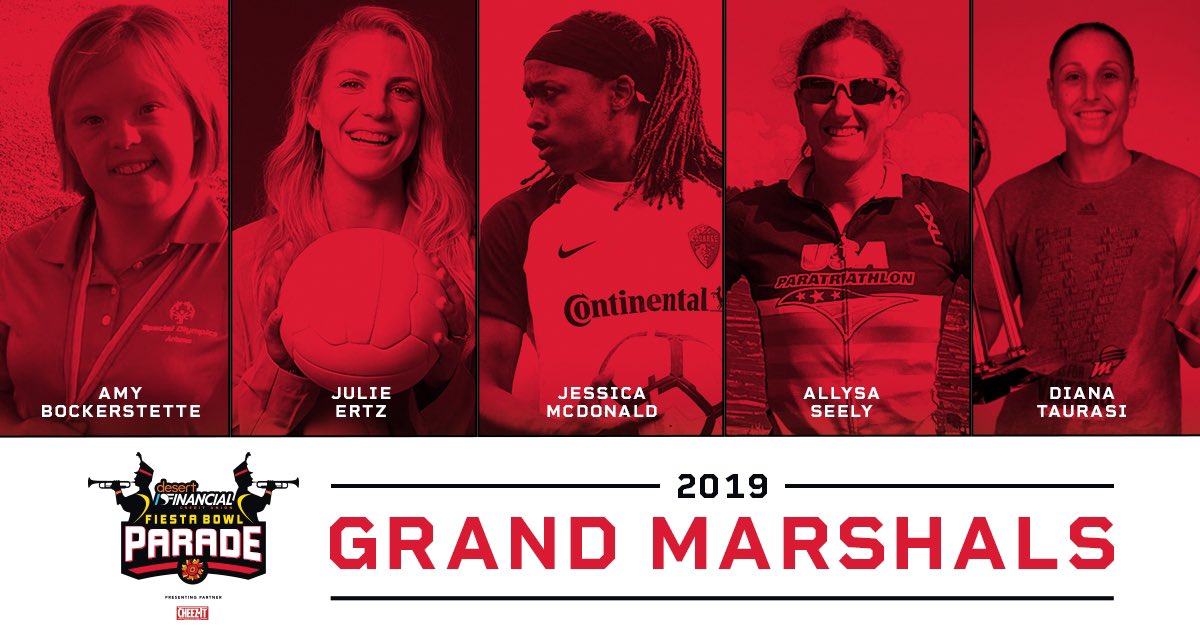 JUST ANNOUNCED: Recognizing the theme of Women in Sports at the 2019 <a href="/DesertFinancial/">Desert Financial</a> Fiesta Bowl Parade, presented by <a href="/cheezit/">CHEEZ-IT</a>, the #FiestaBowl will honor five female icons with Arizona ties as this year’s Grand Marshals!

🏈🎥 facebook.com/fiestabowl