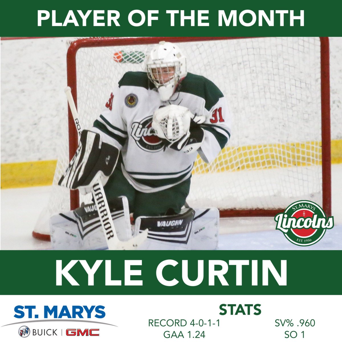 The @StMarysBuickGMC Player of the Month for September is Kyle Curtin! <a href="/kylecurtin1234/">Kyle Curtin</a> has a @GOJHL best .960 Save % and a solid 1.24 GAA #WeAreLincolns