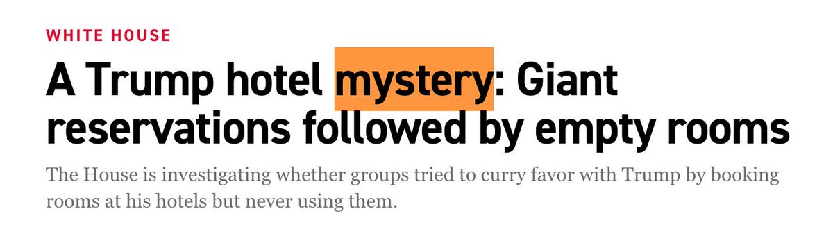 "A Trump hotel mystery: Giant reservations followed by empty rooms" with word 'mystery' highlighted