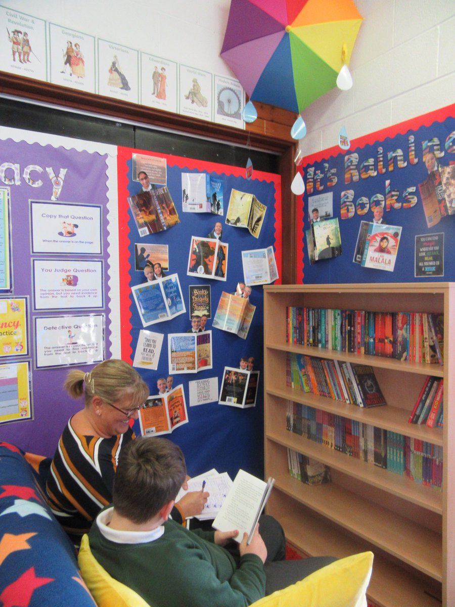 WoodlandsPriAc's tweet photo. Wildcats are loving reading in our fabulous new book corner. It's raining books! #reading #dailyreaders #successfulstudents @SouthPennine https://t.co/5WvZHAurxA