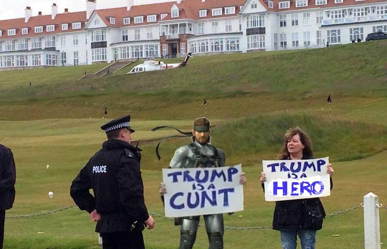 Solid Snake counter protesting the infamous warm welcome given to  @realDonaldTrump by  @JaneyGodley as he arrived in Scotland in 2016.