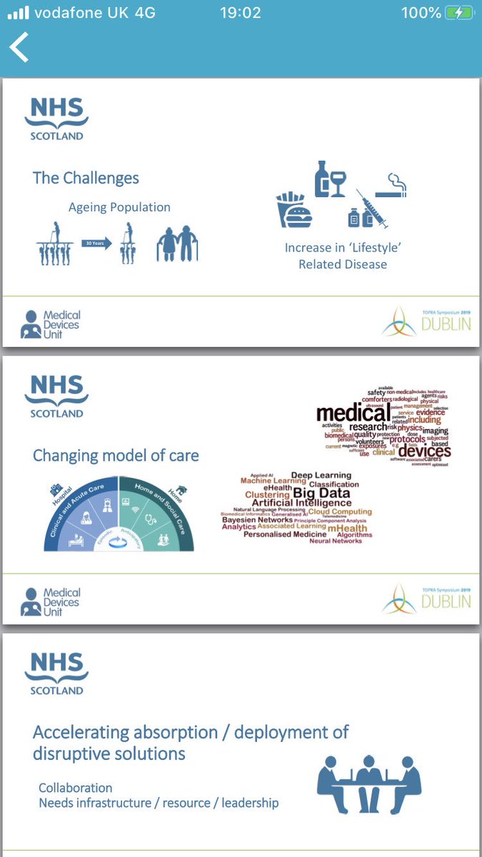 oonagh_lynch's tweet photo. Dr Stuart Parks says NHS Greater Glasgow will address aging population/lifestyle related disease burden by changing model of care/deploying disruptive health solutions to enable optimal patient pathway decisions using #AI, #BigDataAnalytic #TOPRASym19 #NWCAM @CatalystNI_ @SEUPB https://t.co/5uOava7xKh
