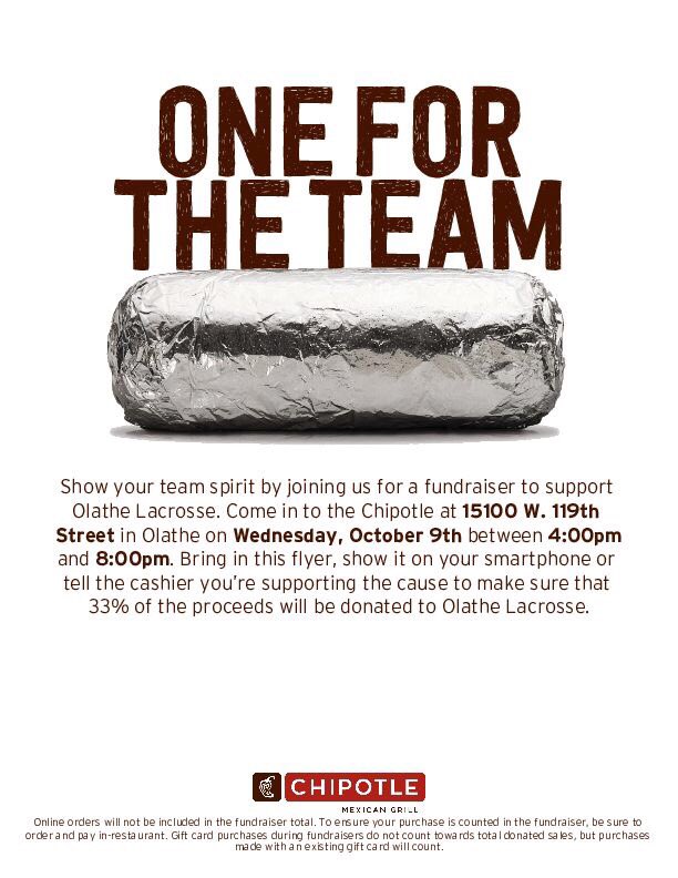 OlatheLacrosse's tweet photo. Please join us for a fundraiser to support Olathe Lacrosse. Come in to the Chipotle at 15100 W. 119th Street in Olathe on Wed. Oct. 9th 4pm - 8pm. Show this flyer, or tell the cashier you’re supporting the cause to make sure that 33% of the proceeds will be donated to OLAX ! Thx https://t.co/00pVV6SMWD