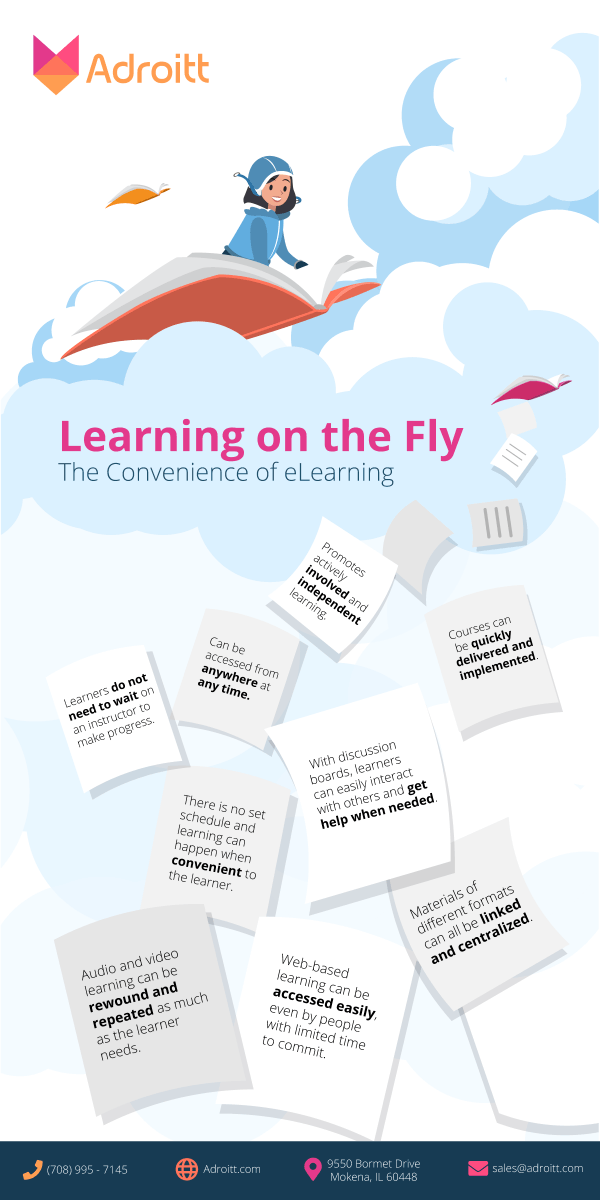 Adroitt_Team's tweet image. Offering eLearning for your training is the number one way to make sure your learners are able to access your course whenever and wherever. Learn more about the convenience of eLearning below:

#elearning #elearningmodules #infographic #distancelearning #Graphics #convenience