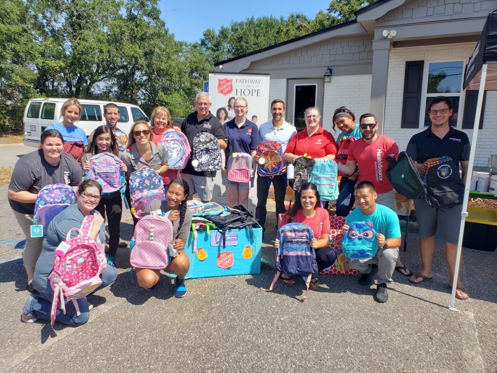 HealthSource_FL's tweet image. So happy we could supply backpacks for children in our area in need. Thank you to all of our patients who helped collect 100+ backpacks!!! &amp;amp; thank you to @SalvationArmyUS for attending our Open House event + coordinating the backpack drop-offs! #WeveGotYourBack #CommunityService