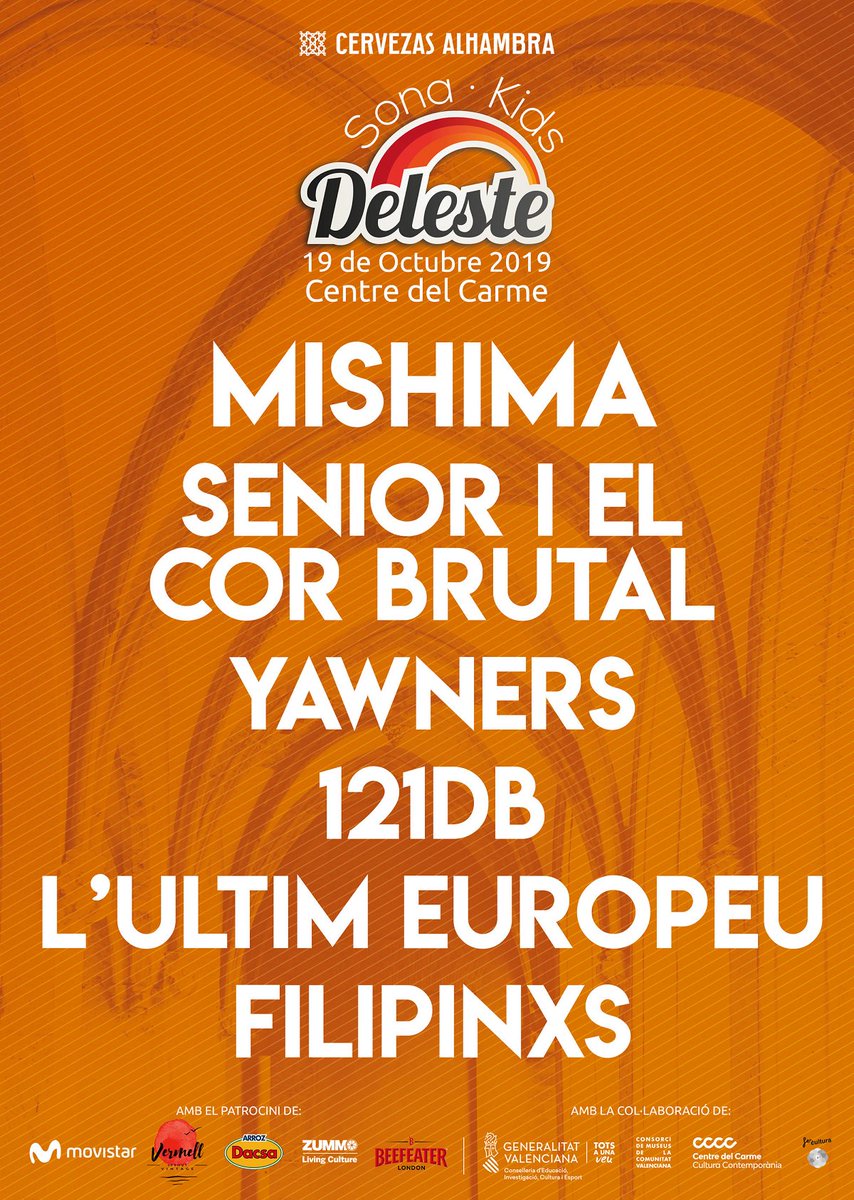 Ya está aquí el cartel del Sona Deleste 2019 - <a href="/DelesteFestival/">Deleste</a> Kids, con <a href="/MishimaBCN/">MISHIMA</a>, <a href="/SeniorCorBrutal/">SenioriElCorBrutal</a>, @YawnersBand, <a href="/lultimeuropeu/">L'Últim Europeu</a>, <a href="/121dB/">danni B</a>
y Filipinxs.
Se celebrará el 19 de octubre en Valencia y la entrada será gratuita.
mainstage.es/cartel-complet…