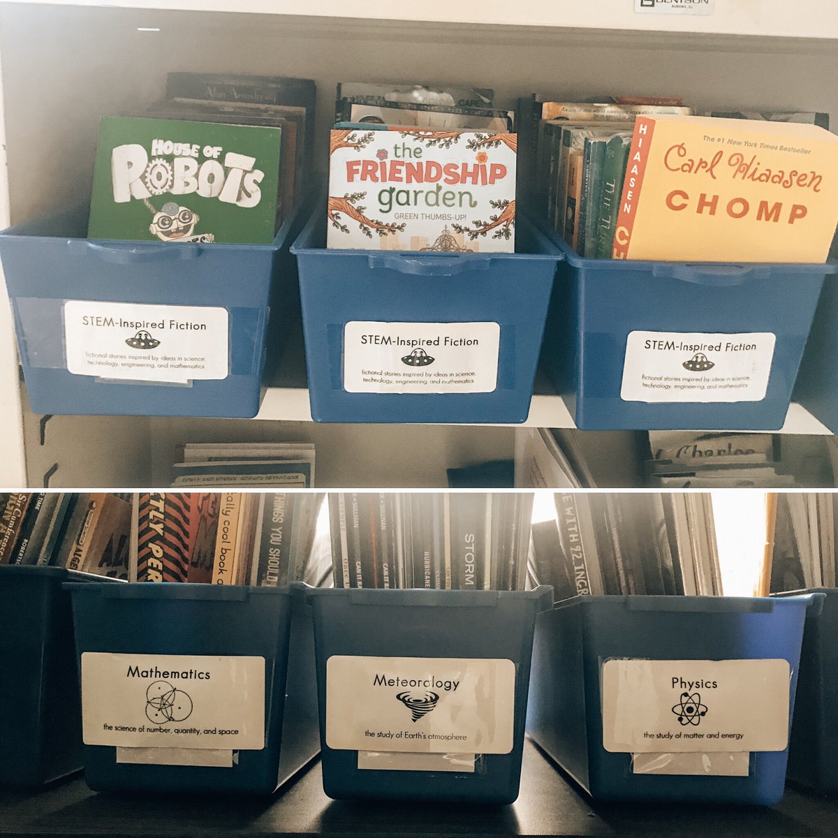 MsHeneghansRoom's tweet photo. Next is our wonderful wall of windows &amp; books!☀️📚All our books are math and science inspired. We have bins for science-inspired fiction and biographies, and the rest are organized by discipline. If you’d like to add to our library, check out our wishlist! https://t.co/ThkxB5d8TC https://t.co/yXl9IkdEHg