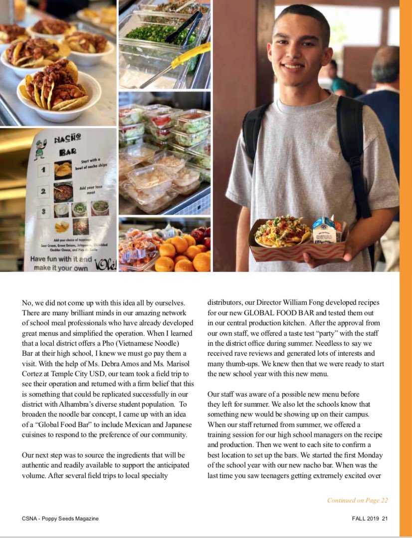 alhambrausd's tweet photo. New #AUSD Global Food Bar is the cover story 4 #calsna Poppy Seeds Magazine. The Nacho, Pho + Ramen Bars were an instant hit @MarkKeppelHigh @ALHAMBRAhigh @SGHSMatadors: To meet the demand, we are producing 2X as much food + offering more lines! Bravo @vivienwatts61 + FNS Team https://t.co/PH0qQaYJKN