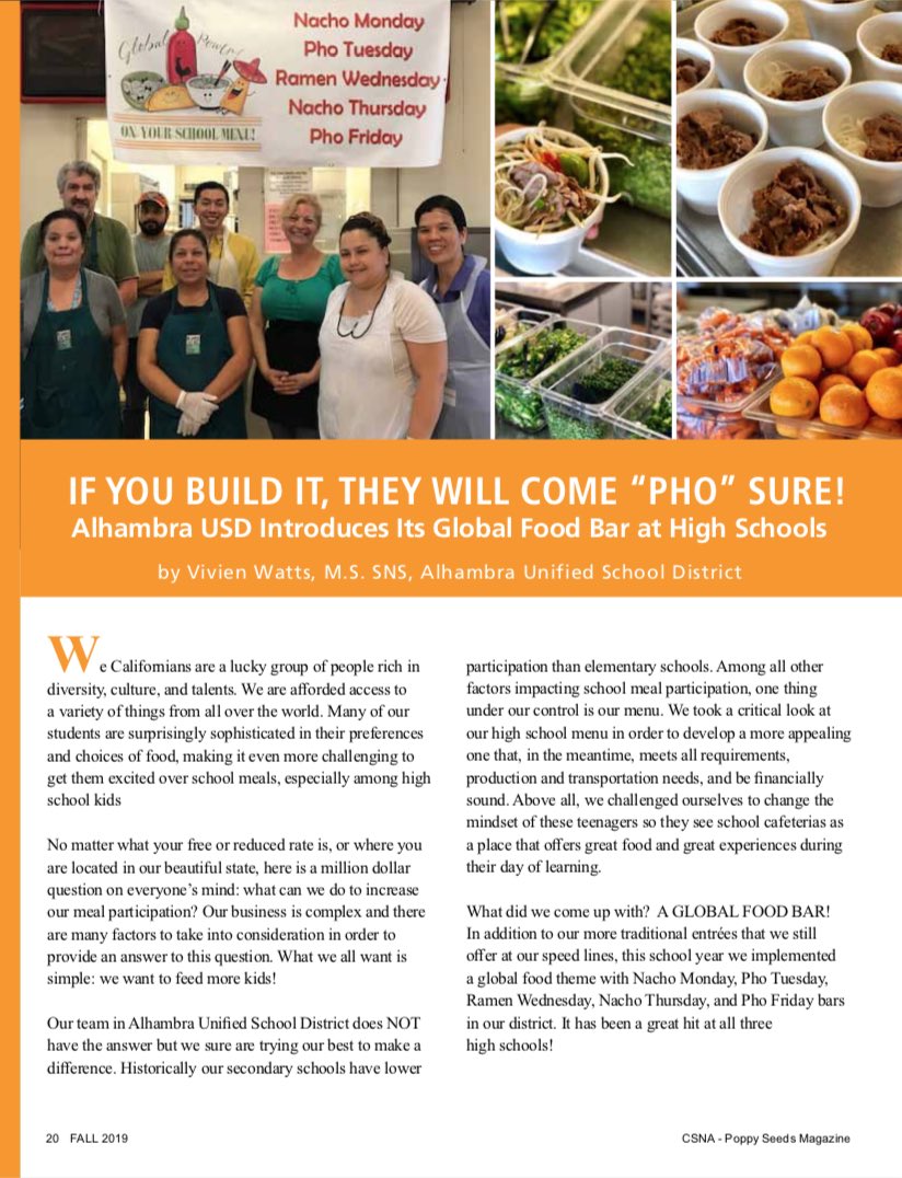 alhambrausd's tweet photo. New #AUSD Global Food Bar is the cover story 4 #calsna Poppy Seeds Magazine. The Nacho, Pho + Ramen Bars were an instant hit @MarkKeppelHigh @ALHAMBRAhigh @SGHSMatadors: To meet the demand, we are producing 2X as much food + offering more lines! Bravo @vivienwatts61 + FNS Team https://t.co/PH0qQaYJKN