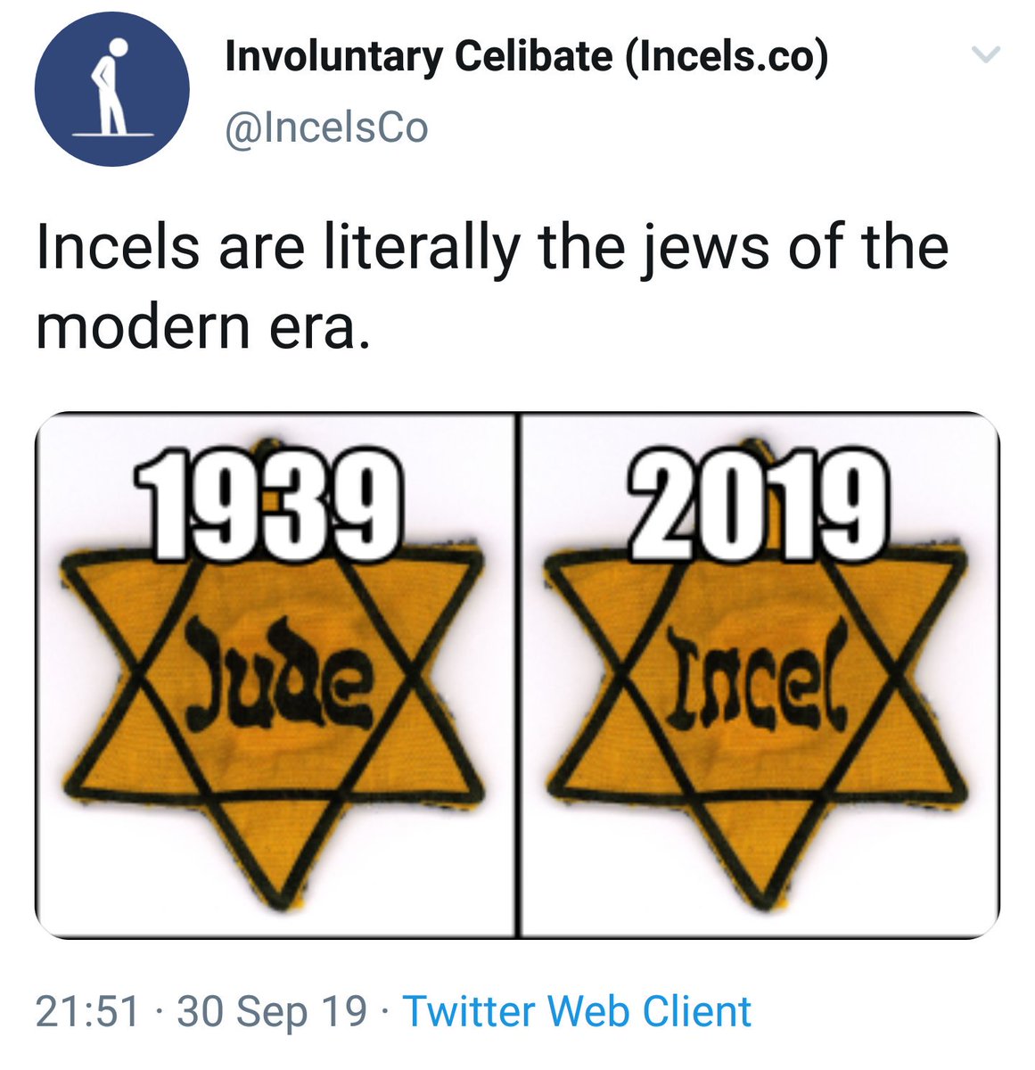 Ongoing thread about Holocaust as metaphor, "incels are LITERALLY" like Nazi era Jews". The "literally" is especially annoying. H/T  @Claire_Voltaire