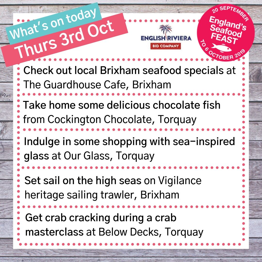 As Thursday is the new Friday, that means tomorrow is a new fish day too! #seafoodfeast @EnglishRiviera @Guardhousecafe @CockingtonChoc @CockingtonGlass @Vigilance_BM76 @BelowDecksTQ1 theseafoodfeast.co.uk