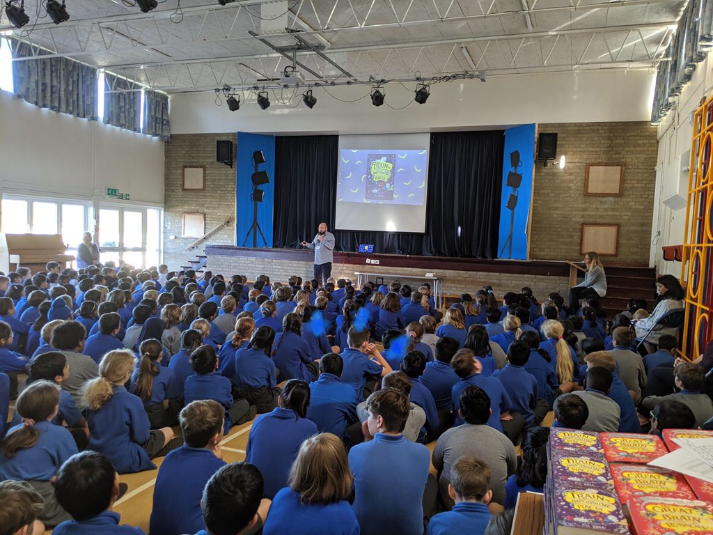 joannaolney's tweet photo. ⚡️ Space trains, chocolate trains, yeti-powered, asteroid delivering trains ⚡️ - just some of the brilliant ideas sparked today by @petergbell on his epic #GreatBrainRobbery schools tour. Such a privilege to see 100s of children inspired. Huge thanks to @CWBookshop @FrithaL https://t.co/qKVq6fp3Fu