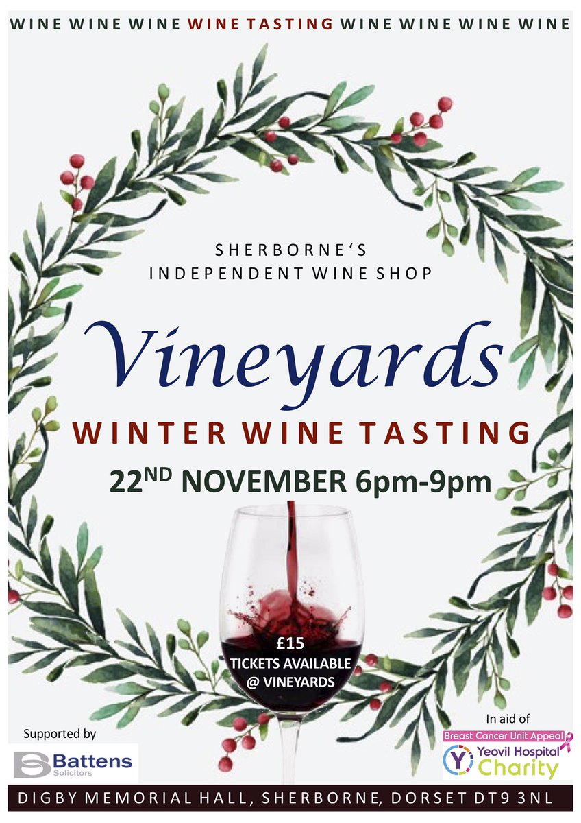Get it in your diary...
.
🥁 WINTER WINE TASTING 🍷🎄
.
Fancy sampling a hall load of wines, sorting out your festive drinks menu whilst raising money for charity?
.
TICKETS ON SALE VERY SOON. WATCH THIS SPACE! Mailing List get first dibs...
G E T  I N V O L V E D ! 
.
#sherborne