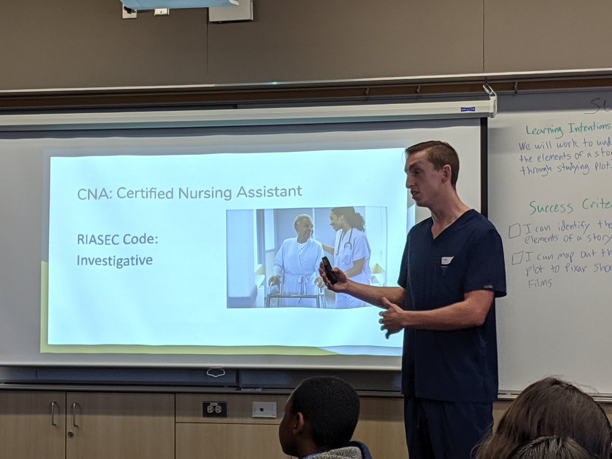 Blindley15's tweet photo. Special guest Jeff Dixon stopped by our homeroom to discuss his job as a Certified Nursing Assistant. He discussed the investigative component of the RIASEC! #CVwow #RIASEC @CajonValleyMS @CajonValleyUSD https://t.co/A036JBhbag