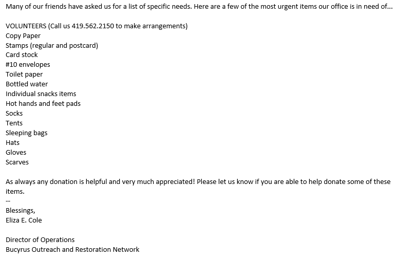 Current needs of Bucyrus Outreach and Restoration Network (BORN)