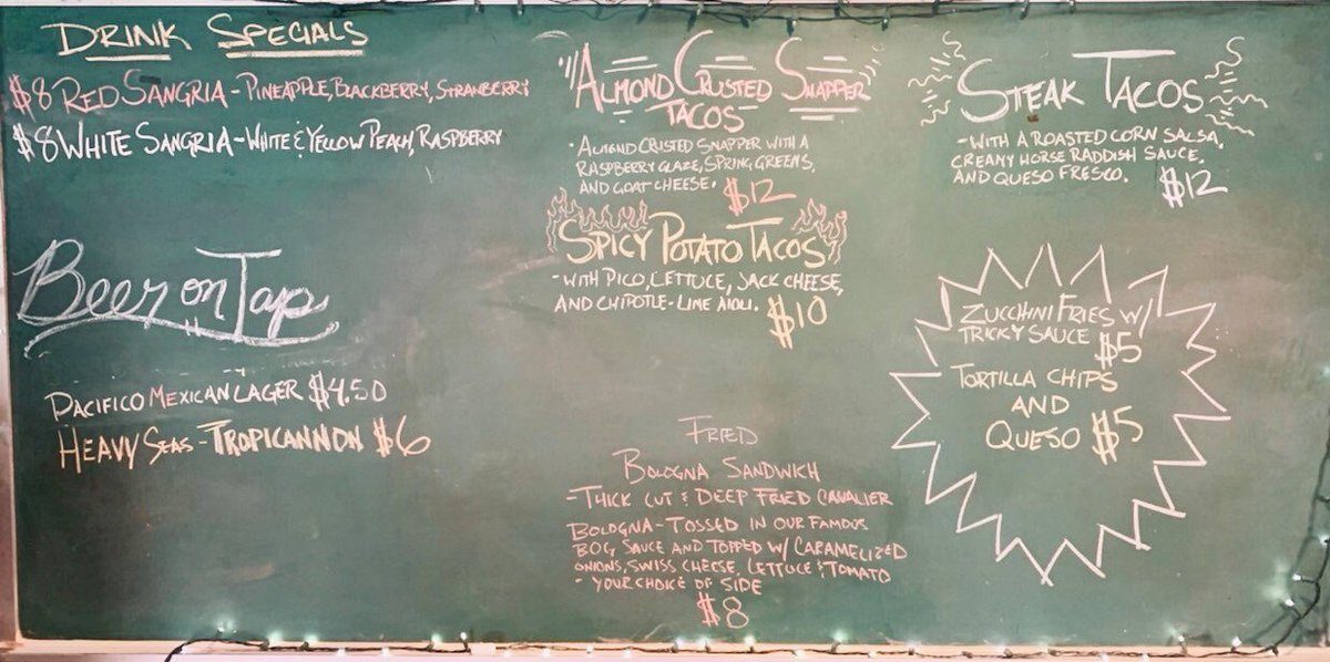 trickyfish's tweet photo. Snapper, Spicy Potato Tacos, Zucchini Fries, Hot Bologna with BOG sauce, ice-cold beverages, and chicken wings the way you like 'em. https://t.co/fISib2XcXD
