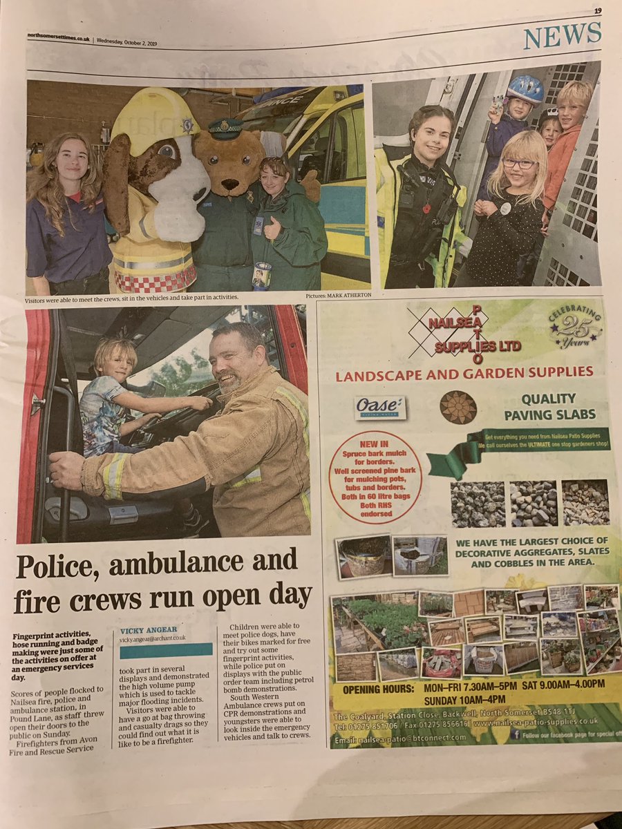 AForeman90's tweet photo. Thanks @NSomTimes for the coverage of @AFRSNailsea @ASPNorthSom &amp; @swasFT open day this past weekend. Despite the weather a great day was had by all! 🚒🚑🚓 https://t.co/Vqoc0P129W