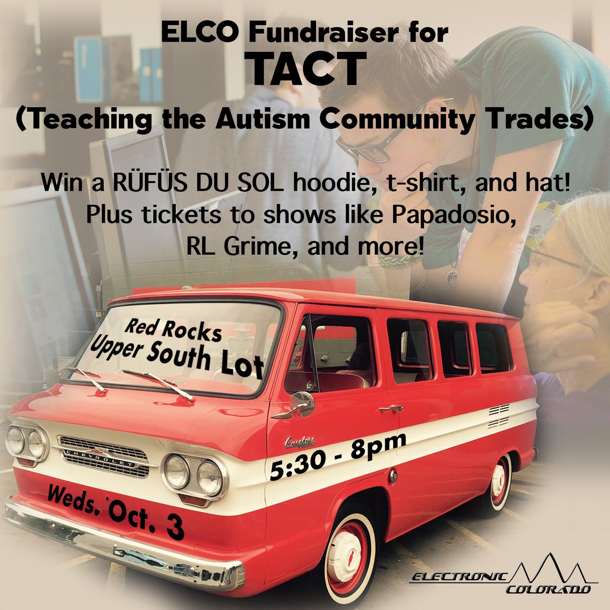 .<a href="/RufusDuSol/">RÜFÜS DU SOL</a> FANS! If you're heading up to the Rocks tonight, look for this van at the ramp entrance / top of upper south lot! We'll be hosting a raffle for free tix to upcoming shows &amp; giving away a #RUFUSDUSOL hoodie, tee, &amp; hat!

100% of proceeds will go to <a href="/tactkids/">T.A.C.T.</a> (autism)!