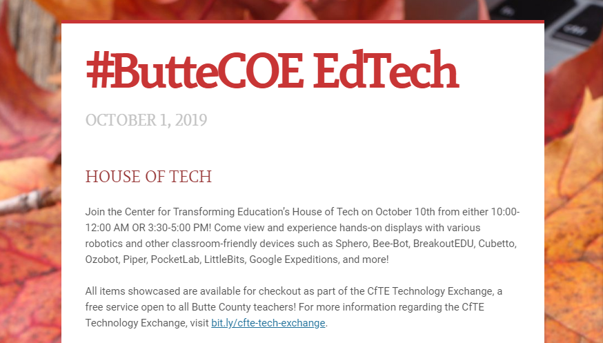 edtechbcoe's tweet photo. It's October! Time to check out this month's #ButteCOE EdTech newsletter at https://t.co/wjB9Htwh6T! Learn about House of Tech, upcoming workshops, the #EdTechAmbassador initiative, Induction candidate and mentor freebies, and more! https://t.co/oujLFKgvUB