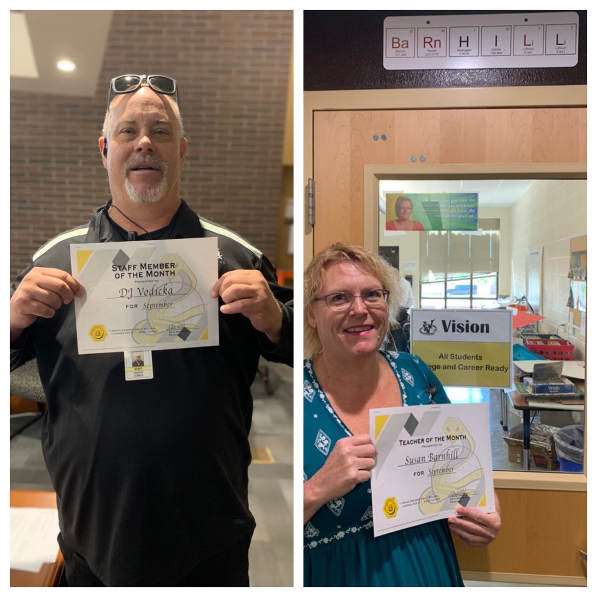 Congrats to Mr. DJ Vodicka our staff member of the month and Ms. Susan Barnhill our teacher of the month for September. Thank you both for all you do for our students! #1Verrado