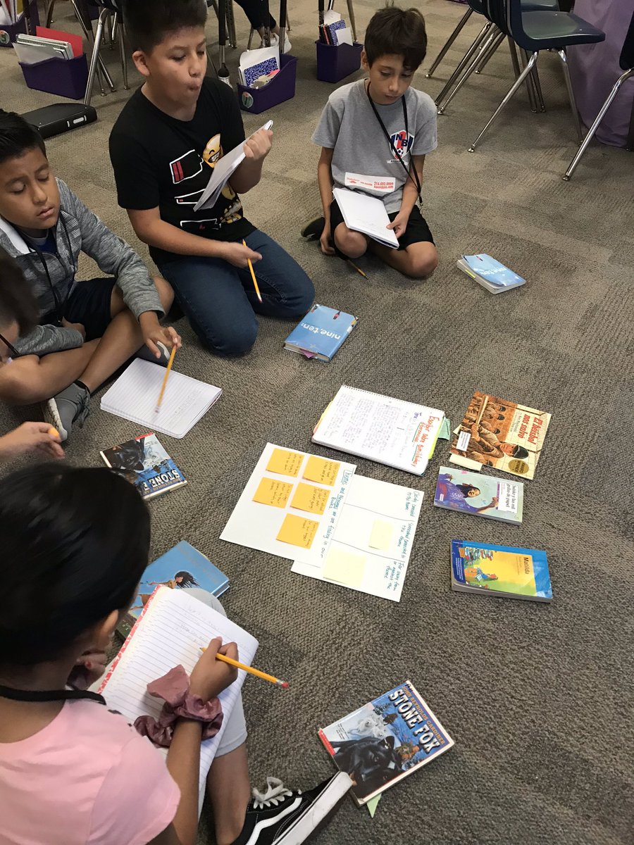 Mrs_Castillo5's tweet photo. Two text, one theme! Busy day in 5th grade finding the same theme in our books and comparing how characters are connected to the them. #universaltheme #reading #writing #somosbilingües #blantonbulldogs @BlantonBulldogs @CFB_Literacy https://t.co/7Ra3gmggme