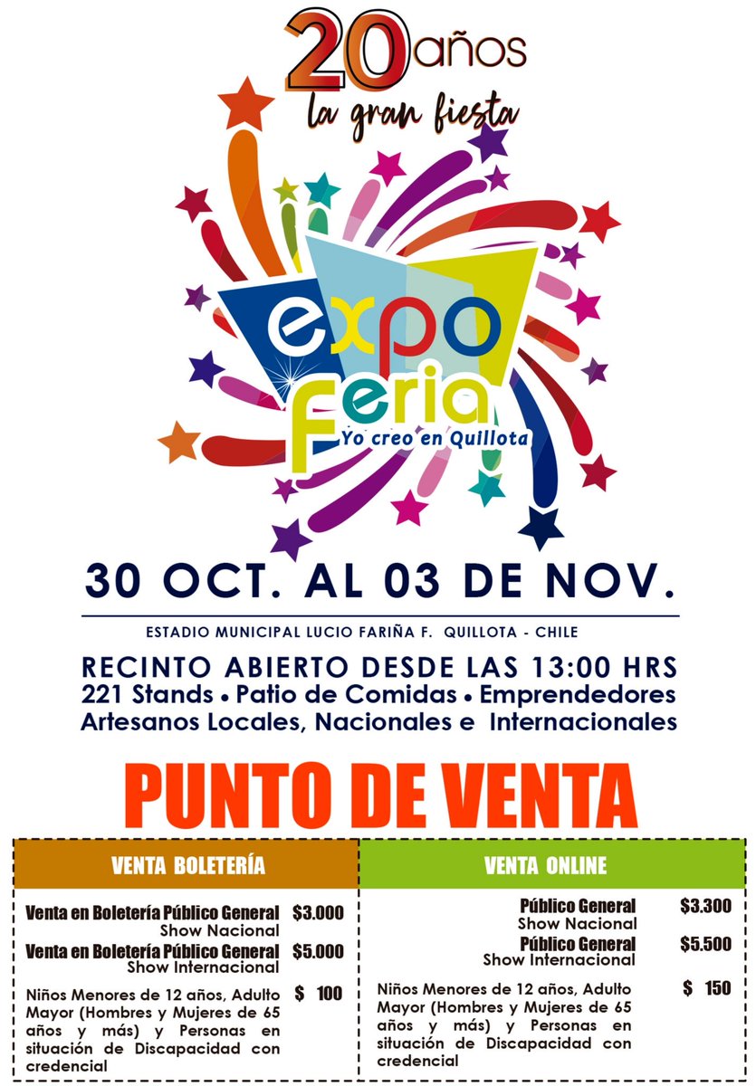 muniquillota's tweet photo. #Expolover desde HOY ya pueden adquirir sus entradas ๐ para disfrutar la Gran Fiesta, los 20 aรฑos de la ExpoQuillota ๐๐๐
PUNTOS DE VENTA
๐ด On line en https://t.co/U0SIsN9hfu
๐ด En la oficina de Turismo, en la Plaza de #Quillota https://t.co/0bsLZDN4zs