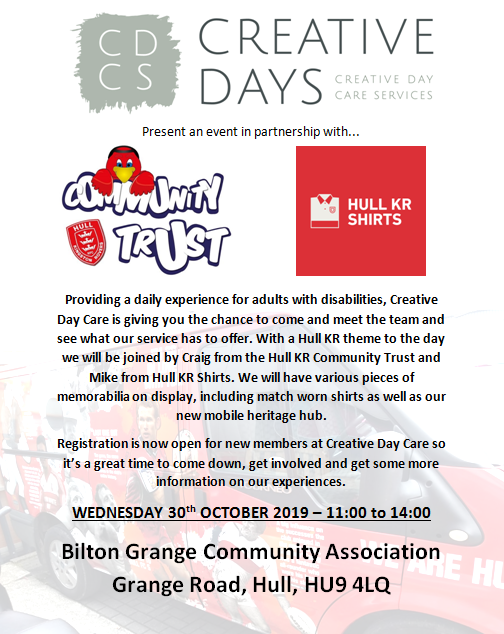 On Wednesday 30th October, we open our doors for an inclusive community event, in partnership with <a href="/hullkrofficial/">Hull KR</a> and <a href="/HullKRShirts/">Hull KR Shirts</a>. 

If you or your business feel you could benefit or support in any way, please get in touch.

Likes are RT will be greatly appreciated.

#CDCSHull