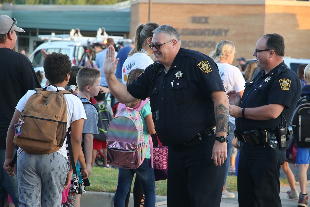 USD261's tweet photo. We want to thank all of our partners Haysville Police Department, Safe Kids, Ascension, FedEX for making Rex Elementary's Walk To School Day a success. The kiddos loved walking to school this morning.

#usd261derful https://t.co/cP9epWrM13