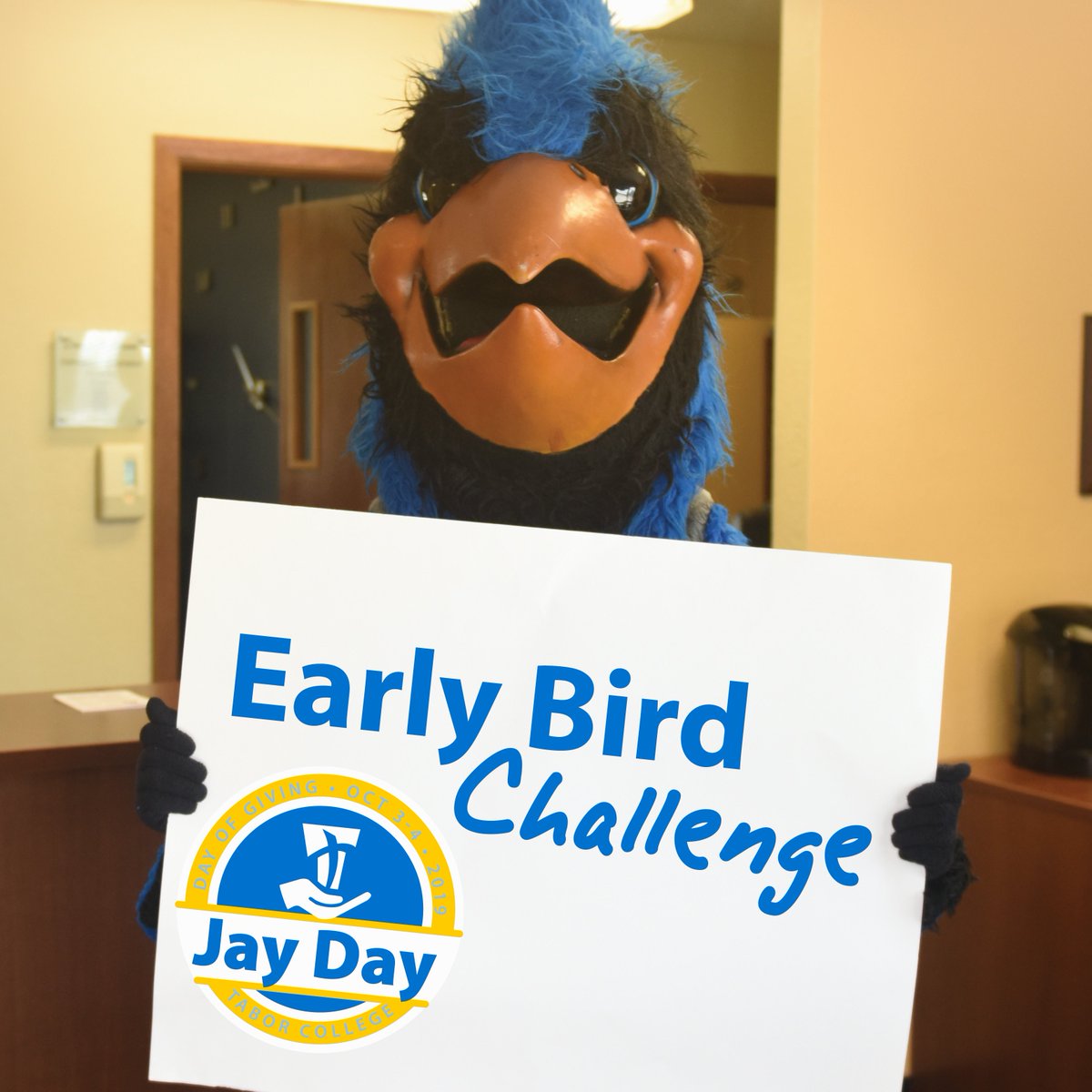 Thanks to the generosity of donors, the Early Bird Challenge for the Jay Day of Giving has begun! 100% of your donation will be matched up to $5,000! To Give go visit tabor.edu/jayday or text 'jayday' to 555888 #TaborJayDay