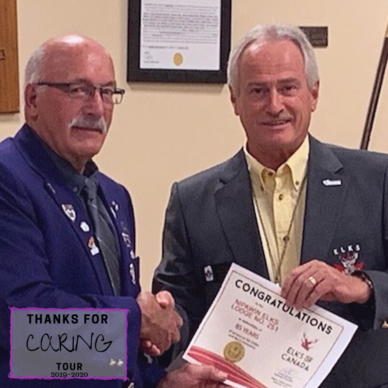 ElksOfCanada's tweet photo. GER Derek Barkley visited the Nipawin Lodge for his official visit and to celebrate Nipawin's 85th anniversary. Seen here is GER Barkley presenting Nipawin ER Bill Isely with a certificate from Grand Lodge congratulating Nipawin Lodge for their 85 years of serving their community https://t.co/sNpEO4zwjS