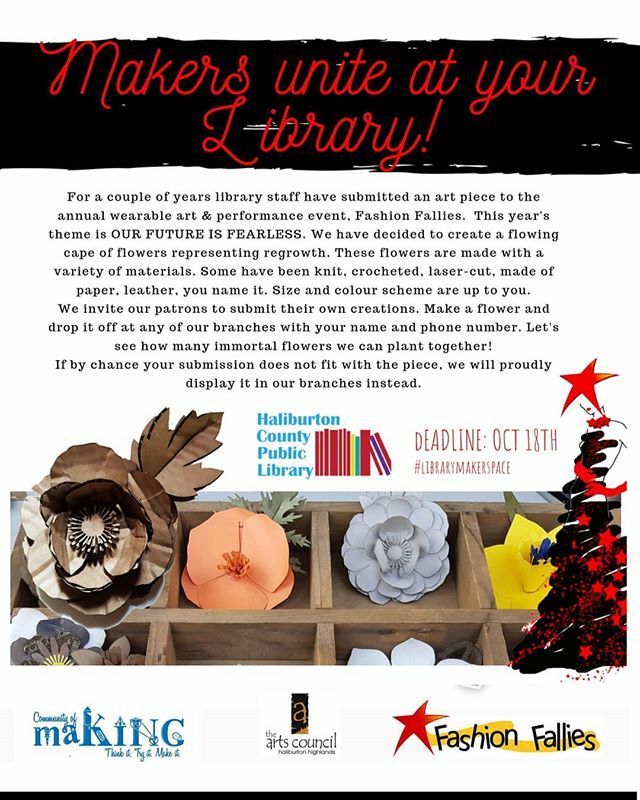 We are pumped to be submitting another <a href="/haliburtoncpl/">Haliburton County Public Library</a> wearable art piece for Fashion Fallies this year. Our piece will be constructed using mixed media flowers of every shape, size and colour. We invite makers of #myhaliburtonhighlands to add their own c… ift.tt/2prqLUv