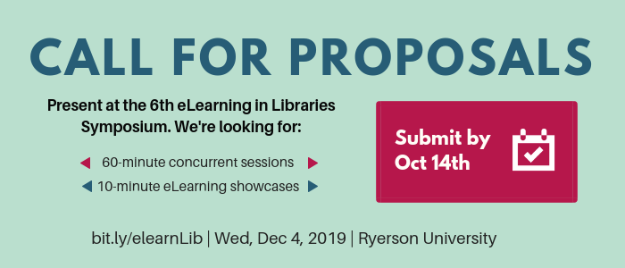 elearnlib's tweet photo. The eLearning in Libraries Symposium is currently seeking proposals for 10-minute eLearning Showcases and 60-minute Concurrent Sessions/Workshops. 

Submit your proposals here: https://t.co/kR5N2w94US
Proposals close on Monday, October 14 https://t.co/zcknir3MJk