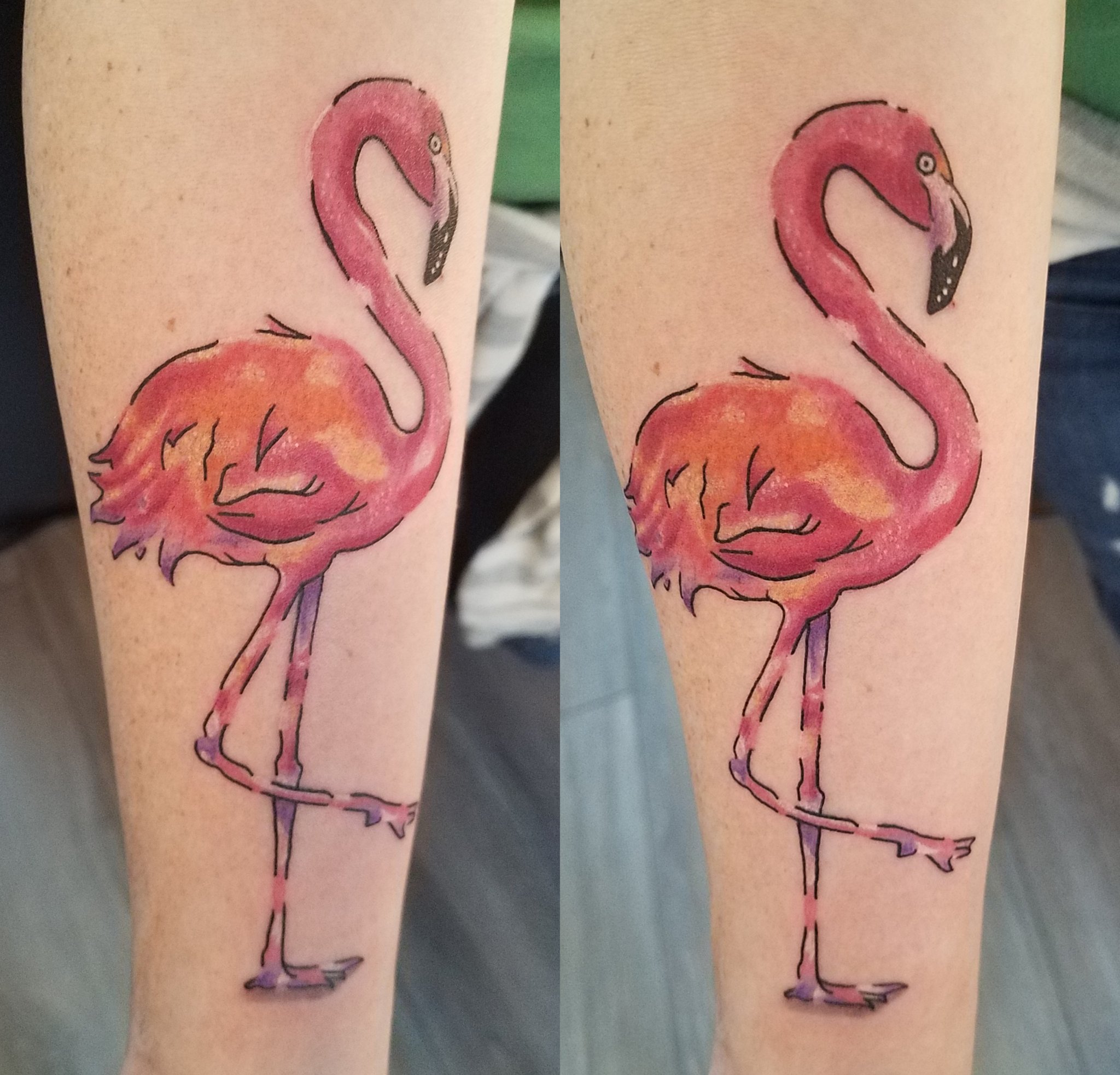 Kawaii style flamingo tattoo on the right achilles