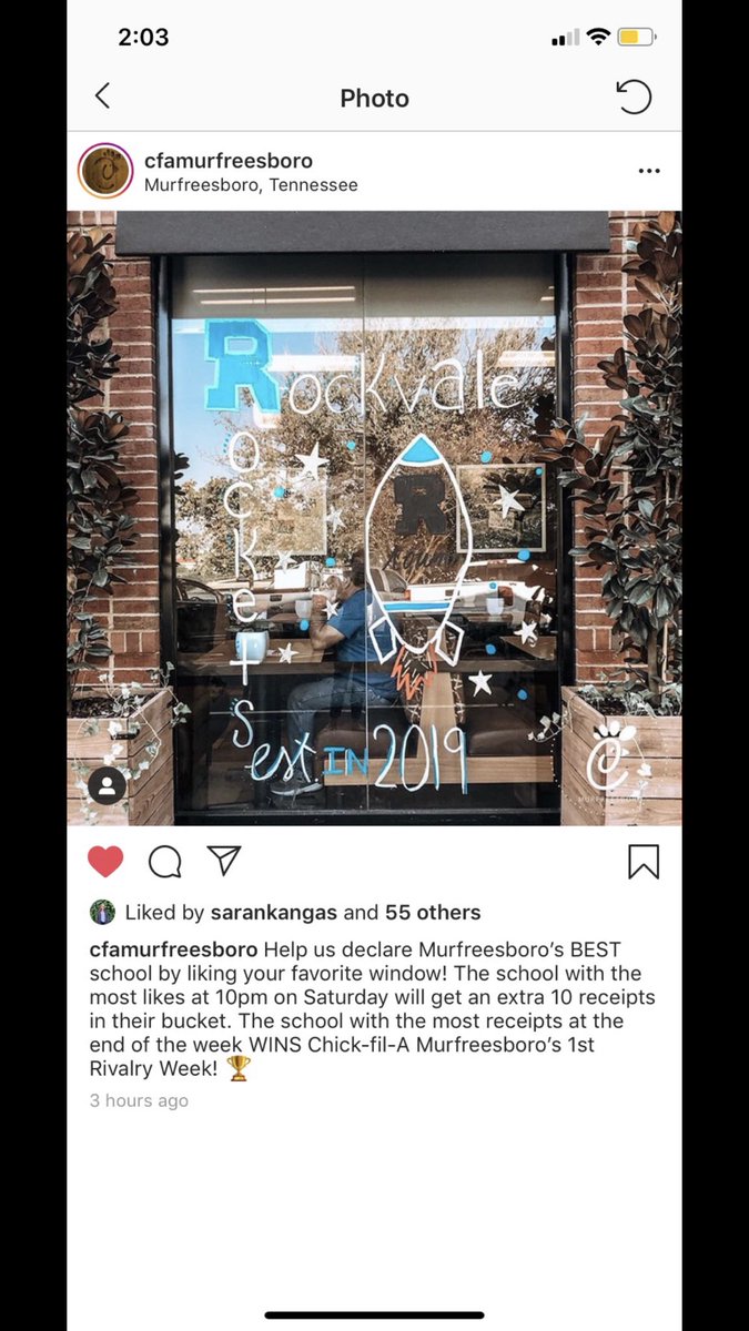RVHSstusec's tweet photo. WE’RE THE BEST SCHOOL IN MURFREESBORO RIGHT?? Well lets prove it!! Make sure you go to CFA this week and put your receipts in the ROCKVALE box. For extra points go follow @cfamurfreesboro on instagram and like our post!! #ROCKETSUP 💙🌟🚀 https://t.co/wEtH96LuFk